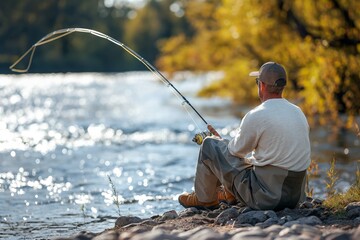 A man sits on a rocky riverside focusing on fishing in the bright sunlight of a clear day