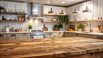Wall Mural - Rustic wooden tabletop stands out against blurred kitchen counter background with soft focus on surrounding cabinetry and appliances.