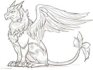 Sketch outline of a griffin with wings folded, outlined for coloring, on a white background.