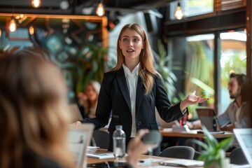 Wall Mural - A stylish woman in a power suit stands before a group of people, giving a presentation, A stylish woman in a power suit, giving a presentation to a group of colleagues