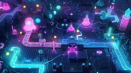 Wall Mural - Futuristic cityscape illuminated by vibrant neon lights. Floating musical notes and instruments create a melodic atmosphere. Interconnected pathways and geometric shapes form a complex urban grid. 