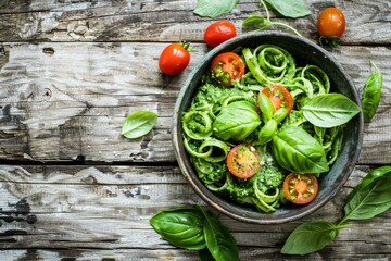 Wall Mural - Fresh pesto pasta with cherry tomatoes and basil on rustic wood