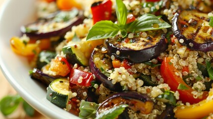 Sticker - A colorful quinoa salad bursting with grilled vegetables such as eggplant bell peppers and zucchini all picked fresh from the garden.