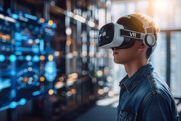 Wall Mural - Man in a futuristic control room using VR headset, advanced technology, immersive experience, and modern digital innovation.