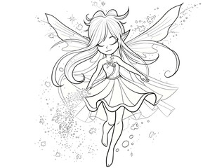 Sketch outline of a sprite with magical dust, outlined for coloring, on a white background.