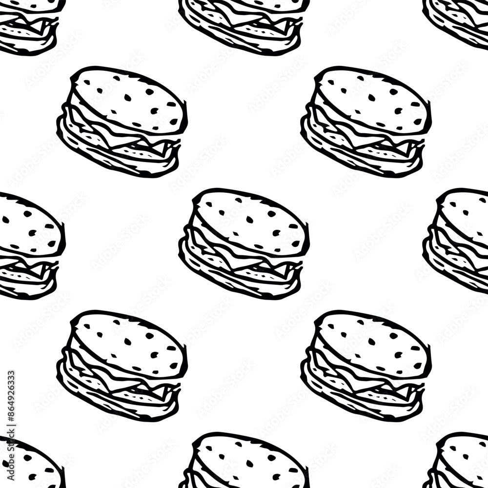 Seamless burger pattern. Drawn hamburger background. Doodle hand drawn ...