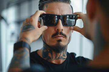 Wall Mural - Fashionable man trying on sunglasses with tattoos visible