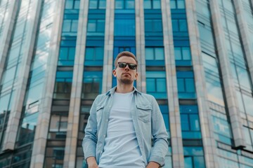 Sticker - A man in business attire standing confidently in front of a towering skyscraper, A successful entrepreneur standing in front of a modern office building, symbolizing ambition and innovation