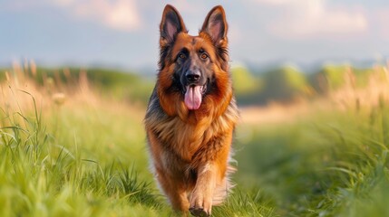 Canvas Print - German Shepherd Dog Running in the Grass Field 