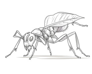 Wall Mural - Sketch outline of an ant carrying a leaf, outlined for coloring, on a white background.