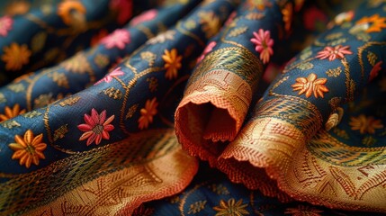 Detailed view of handwoven fabric with traditional patterns, 8K, Full HD. 