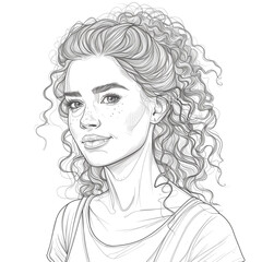 Wall Mural - Sketch outline of an attractive young woman with curly hair, outlined for coloring, on a white background.