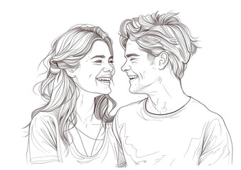 Wall Mural - Sketch outline of an attractive young couple smiling at each other, outlined for coloring, on a white background.