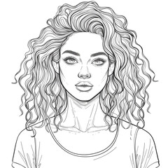 Wall Mural - Sketch outline of an attractive young woman with curly hair, outlined for coloring, on a white background.