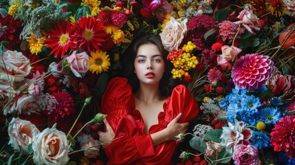 Poster - A woman wearing a bright red dress surrounded by blooming flowers, perfect for use as a decorative element or to add a pop of color to any scene