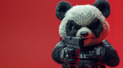 Angry Panda Police costume, holding gun ready to shoot, isolated color background