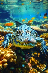 Wall Mural - Crocodile lurking on a coral reef with tropical fish swimming around
