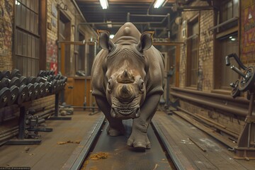 Powerful rhino training on a treadmill in an old gym