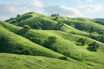 Poster - A peaceful scene of cattle grazing on a lush green hillside, ideal for use in agriculture or rural settings