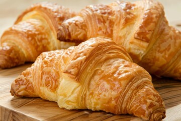 Wall Mural - Golden flaky croissants on wooden board