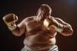 © gearstd - A shirtless, chubby man sporting golden boxing gloves strikes a pose against a dark background, symbolizing his resilience, strength, and fighting spirit in tough conditions.
