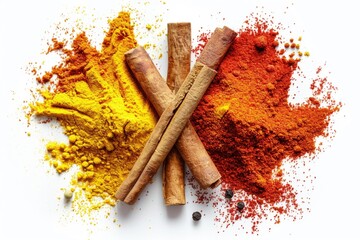Poster - A collection of spices and cinnamon sticks arranged on a white surface