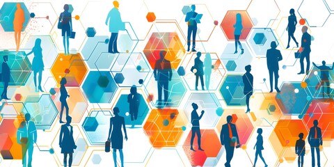 Poster - A network of business people with hexagons and figures on a white background vector illustration. The concept is about social communication and community building in the corporate world through employ