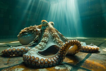 Poster - Giant pacific octopus relaxing on ocean floor with sunbeams shining through water