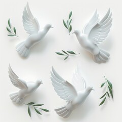 Wall Mural - Peace dove icon, pigeons, twigs 3d realistic collection. Flying birds silhouettes on white