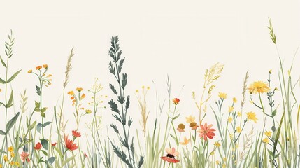 Poster - A watercolor illustration of wildflowers and grasses in a meadow, perfect for creating a natural and rustic feel for your designs. Generative AI