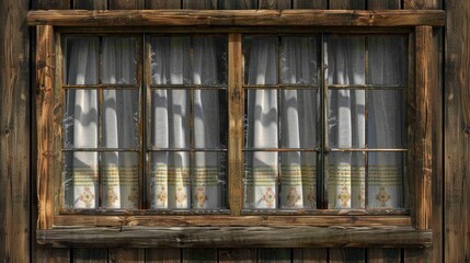 Aufkleber - A window with curtains on a wooden wall, great for interior design or home decor images