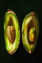 Wall Mural - Fresh avocado halves sit on a clean table surface, ready for use or preparation
