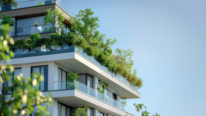 A modern apartment building with green roof, trees and plants on the balconies, green architecture, eco-friendly design, urban living in harmony with nature, sustainable lifestyle concept.