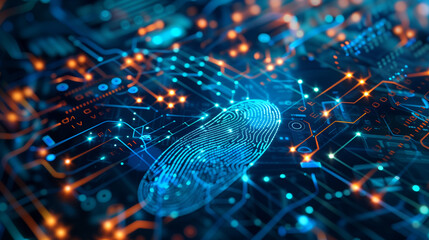 Poster - futuristic cyber security technology linked with fingerprint authentication digital data protection 