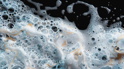 Poster - A close-up shot of a foamy surface with bubbles, suitable for use in illustrations about cleaning products, science experiments, or food photography
