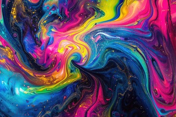 A vibrant swirl pattern in bright colors on a dark background