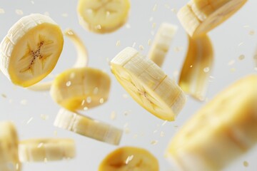 Poster - Freshly cut bananas suspended in the air, perfect for food photography or illustrations