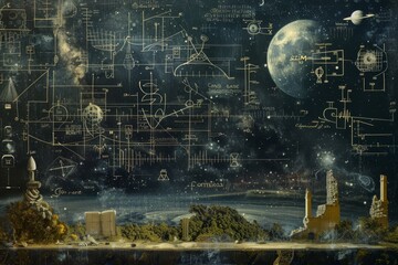 Poster - A realistic painting depicting a futuristic space station suspended in the sky, A surreal blackboard landscape with floating mathematical symbols and symbols