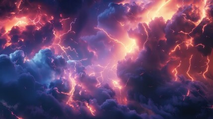 Wall Mural - A dramatic display of purple and orange lightning fills the sky