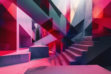 Poster - geometric shapes create a surreal staircase and steps in an abstract painting, a surreal blend of ge