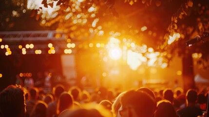 Poster - A large group of people gathered in front of a stage, possibly waiting for an event or performance to begin