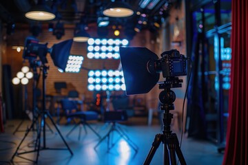 Poster - A room filled with multiple light sources and a camera positioned on a tripod, ideal for photography or videography projects