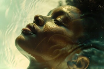 Sticker - A close-up view of a person swimming underwater, with sunlight filtering through the surface