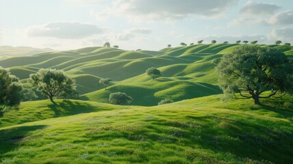 Poster - A scenic landscape of a lush green hillside with trees in the foreground, suitable for nature and outdoor related projects