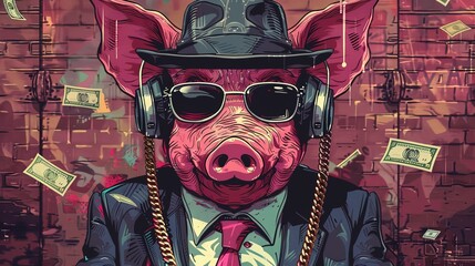 Wall Mural - Cool rich gangster boss pig with business suit and tie, sunglasses, hat, headphones, gold chain and money dollars