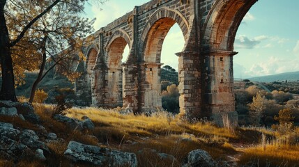 Poster - A historic stone bridge spans a picturesque hillside, surrounded by dense vegetation