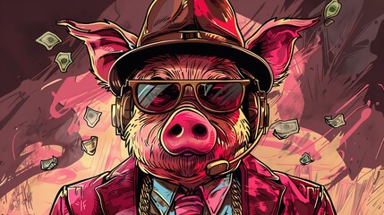 Wall Mural - Cool rich gangster boss pig with business suit and tie, sunglasses, hat, headphones, gold chain and money dollars