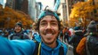 © Atchariya63 - Smiling runner takes a selfie amidst a marathon event in the city, surrounded by autumnal trees and fellow participants.