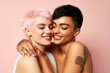 © Hanna Haradzetska - The lesbian couple, age 18, Hispanic, with arms around each other, first love, pastel pink background