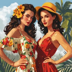 Wall Mural - Retro 50s Fashion Models in Flat Vector with Colorful Designs